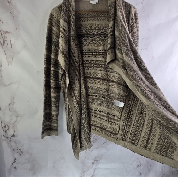 J Jill Cardigan Womens Large Brown Sweater Waterfall Geometric Striped Open Isle - Picture 11 of 12